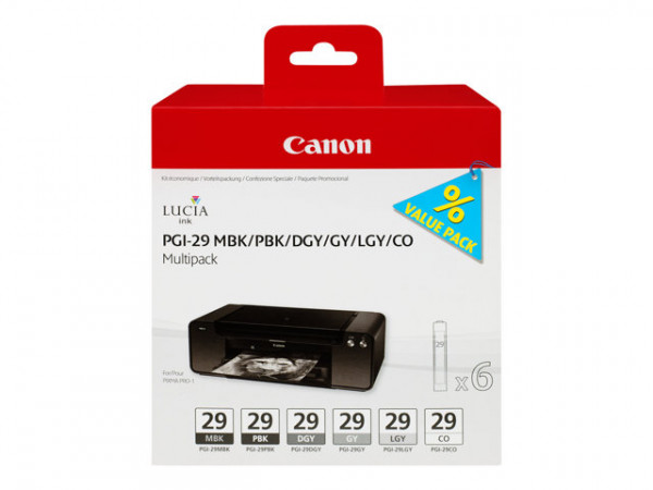 Canon PGI-29MBK+PBK+DGY+GY+LGY+CO [4868B018] MultiPack (4868B001+4869B001+4870B001+4871B001+4872B001+4879B001) matt-schwarz+photo-schwarz+dunkel-grau+grau+hell-grau+Chroma Optimizer Tinte
